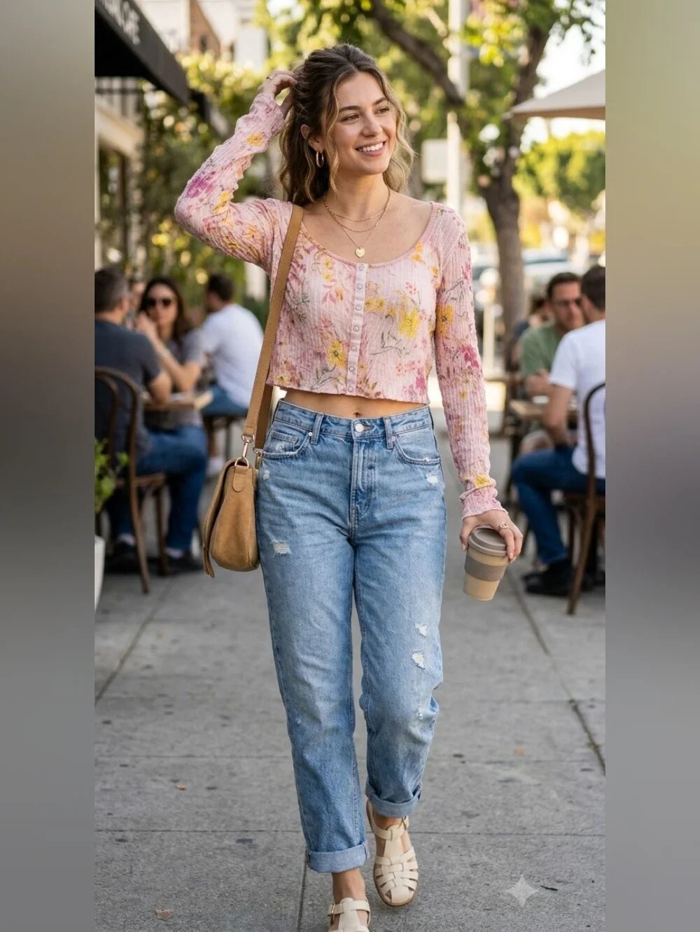 Free People- We The Free Pink Floral Ribbed Button-Front Crop Top Large Petite